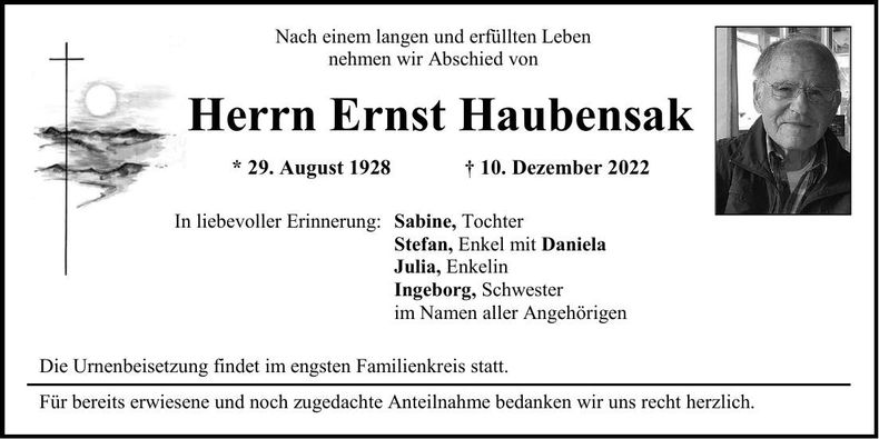 Traueranzeige Ernst Haubensak