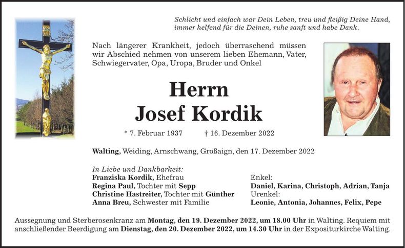 Traueranzeige Josef Kordick