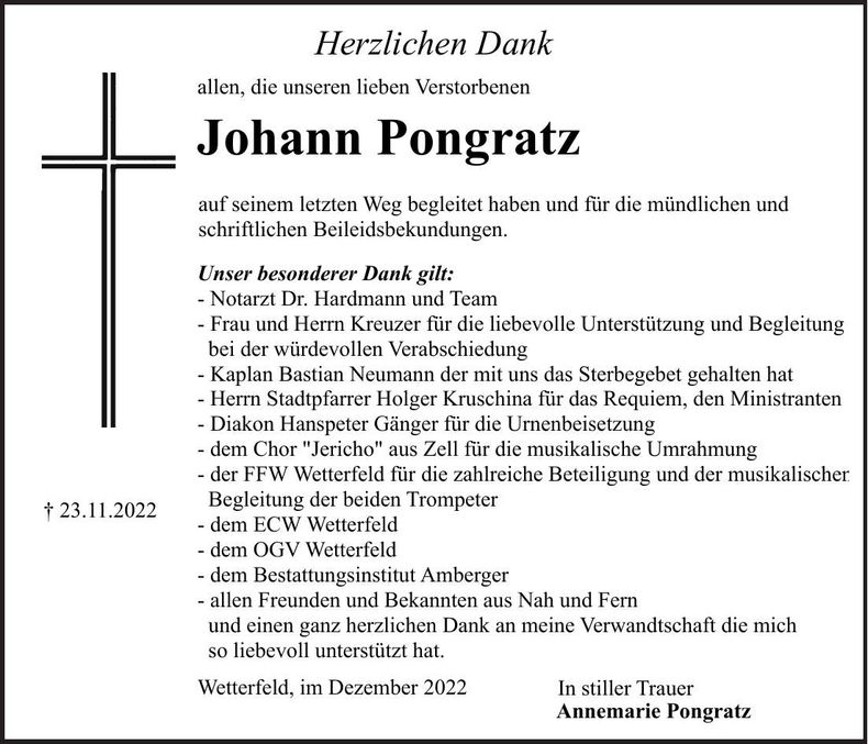 Traueranzeige Johann Pongratz