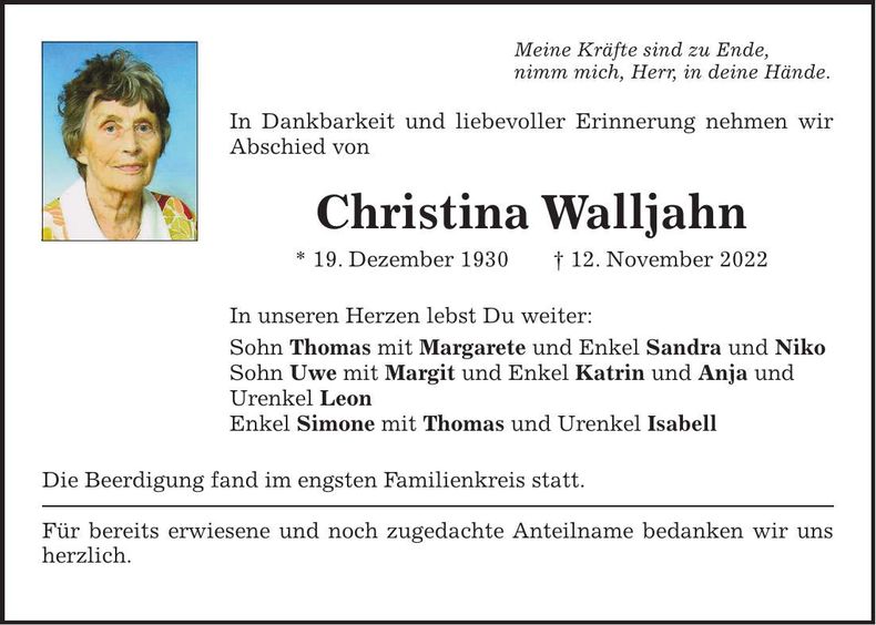 Traueranzeige Christina Walljahn