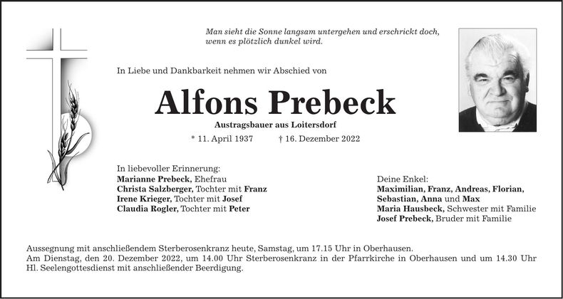 Traueranzeige Alfons Prebeck