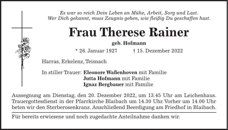 Traueranzeige Therese Rainer