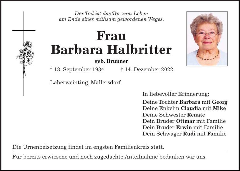 Traueranzeige Barbara Halbritter