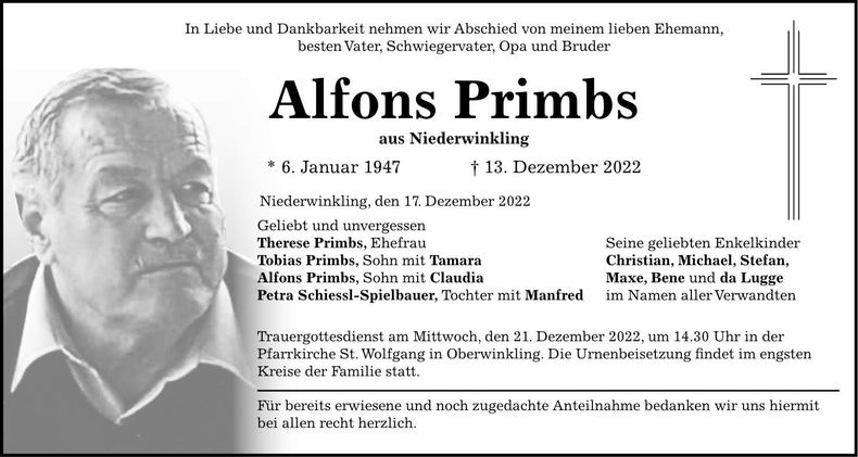 Traueranzeige Alfons Primbs