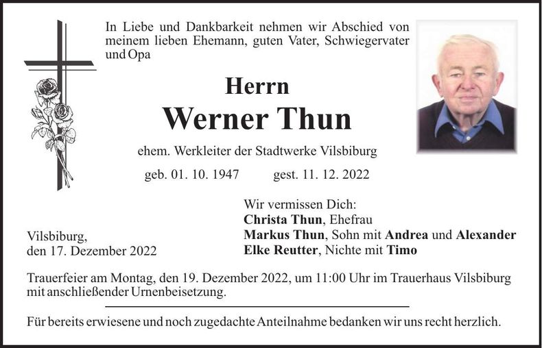 Traueranzeige Werner Thun