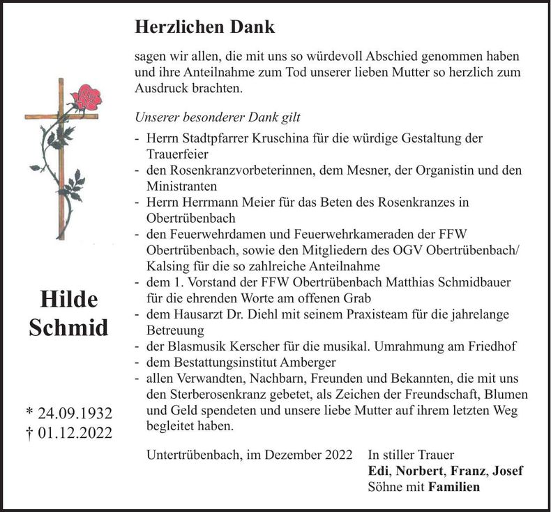 Traueranzeige Hilde Schmid