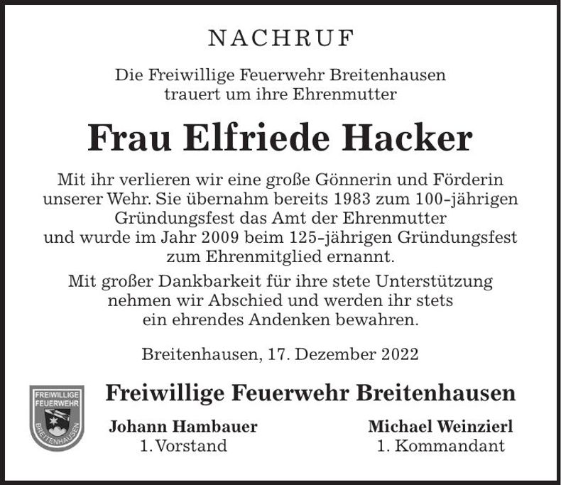 Traueranzeige Elfriede Hacker