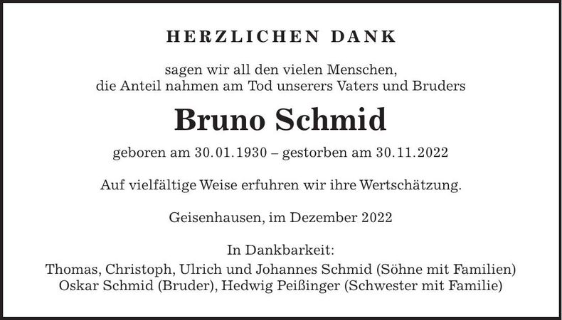 Traueranzeige Bruno Schmid