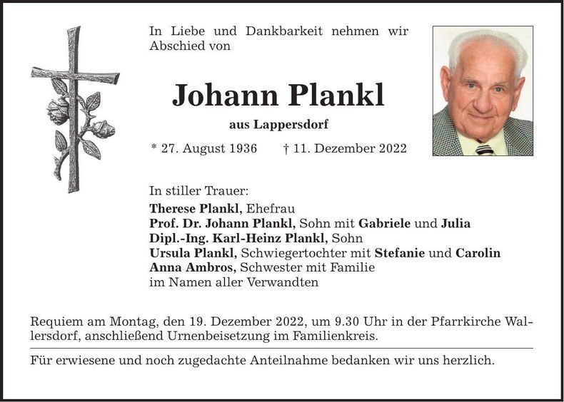 Traueranzeige Johann Plank