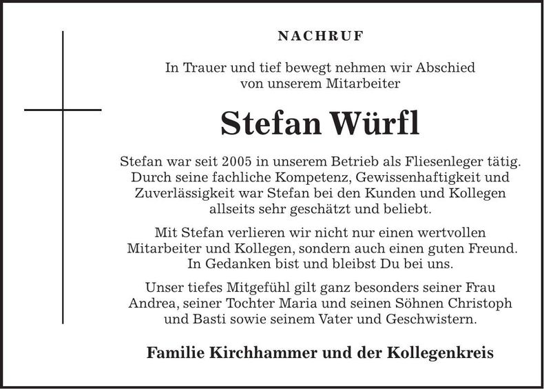 Traueranzeige Stefan Würfl