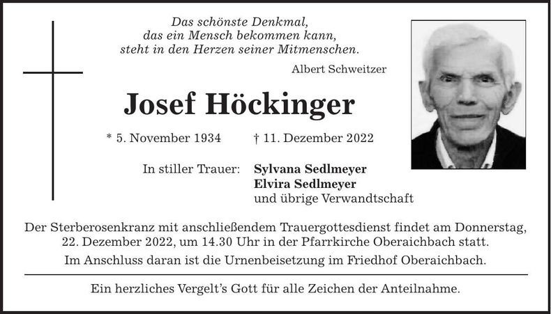 Traueranzeige Josef Höckinger