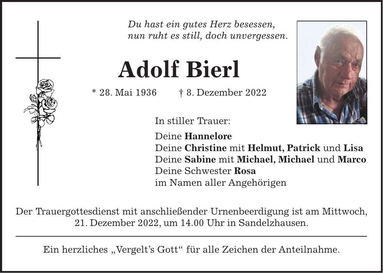 Traueranzeige Adolf Bierl