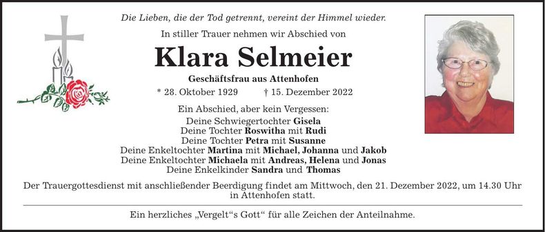 Traueranzeige Klara Selmeier