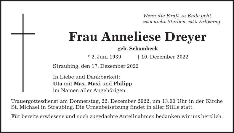 Traueranzeige Anneliese Dreyer