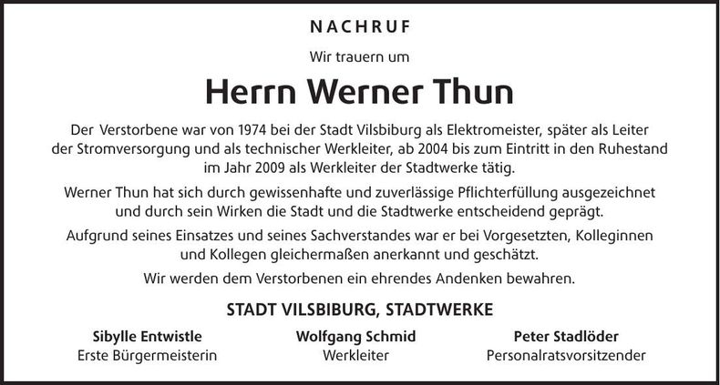 Traueranzeige Werner Thun