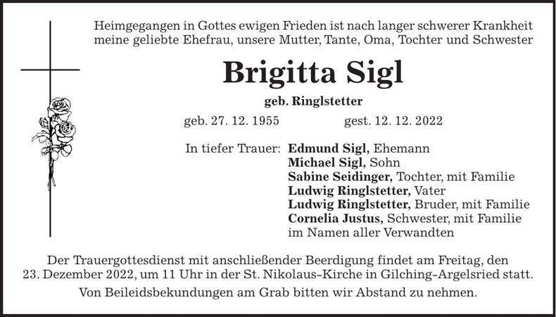 Traueranzeige Brigitta Sigl