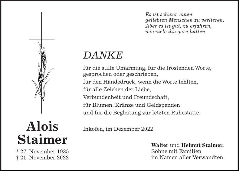 Traueranzeige Alois Staimer