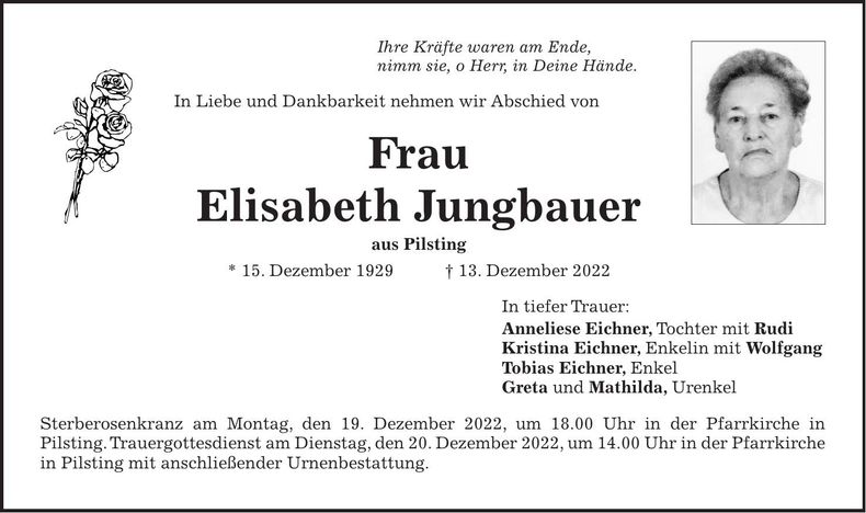 Traueranzeige Elisabeth Jungbauer