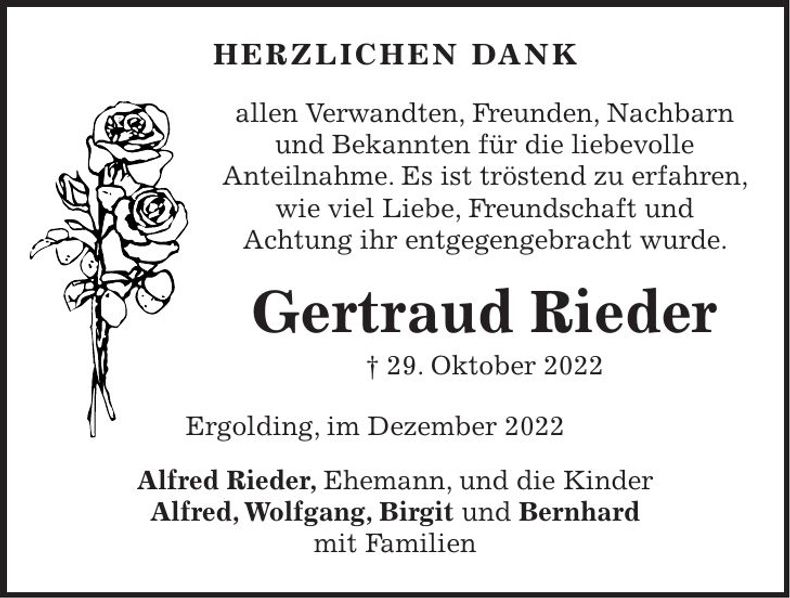 Traueranzeige Gertraud Rieder