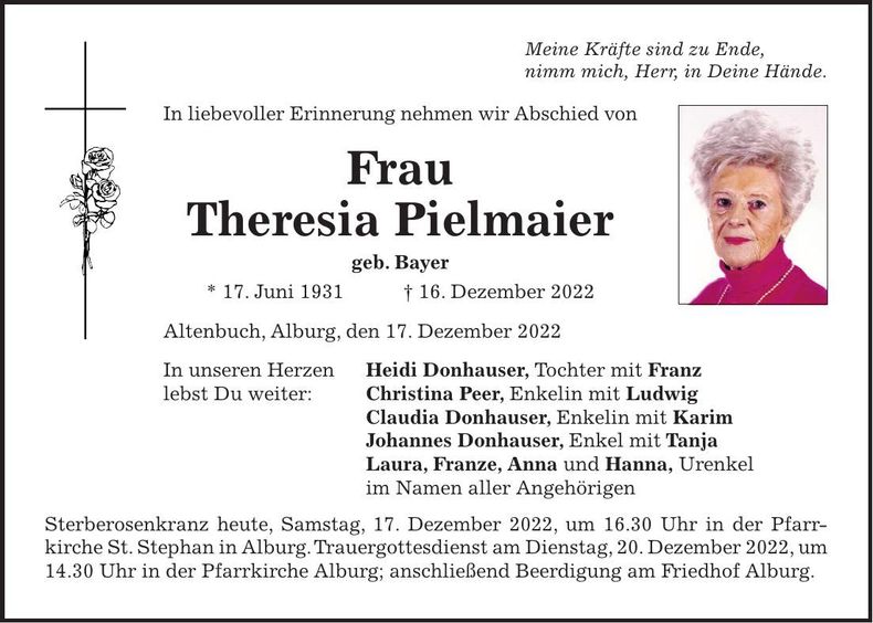 Traueranzeige Theresia Pielmaier