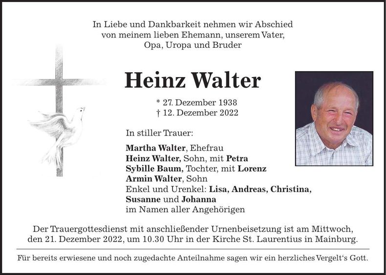 Traueranzeige Walter Heinz