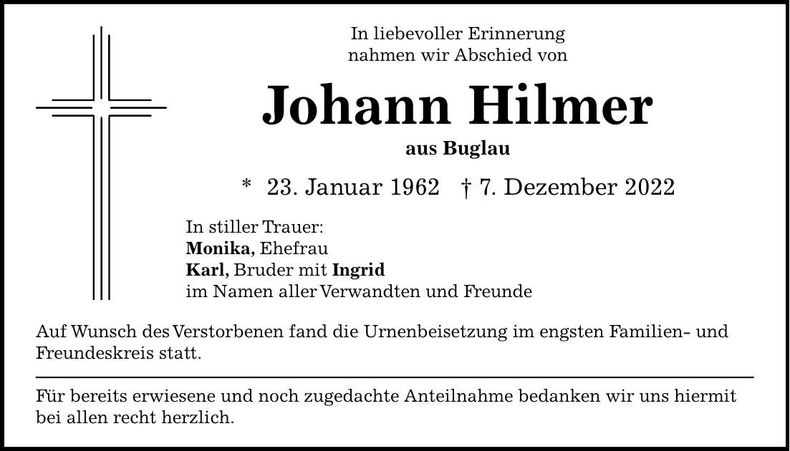 Traueranzeige Johann Hilmer