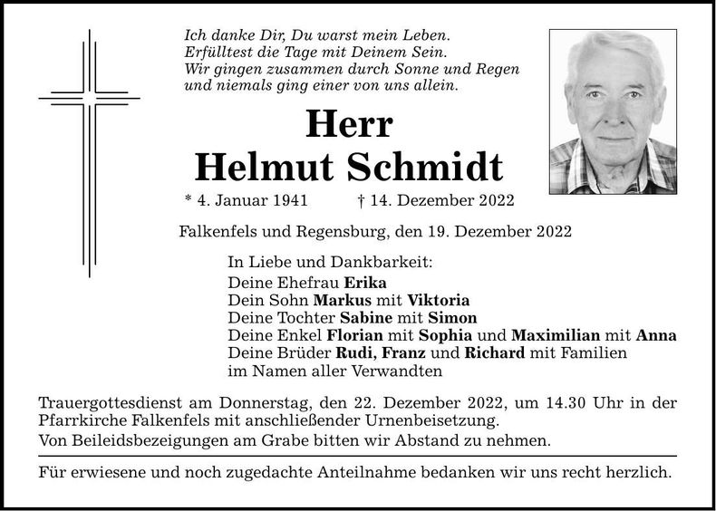 Traueranzeige Helmut Schmidt