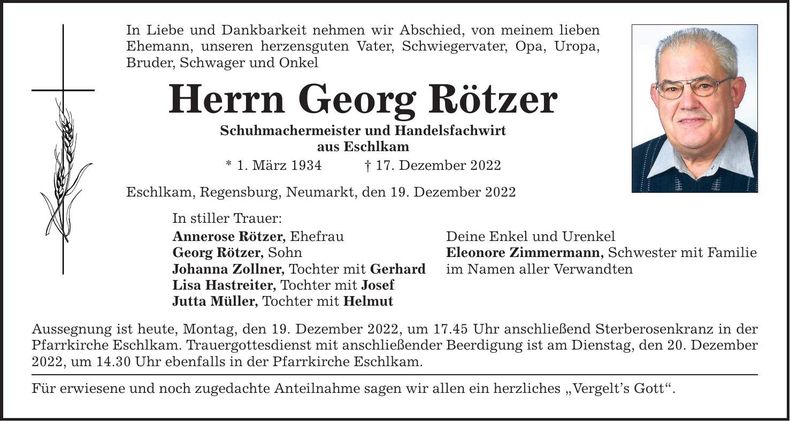 Traueranzeige Georg Rötzer