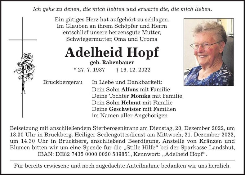 Traueranzeige Adelheid Hopf