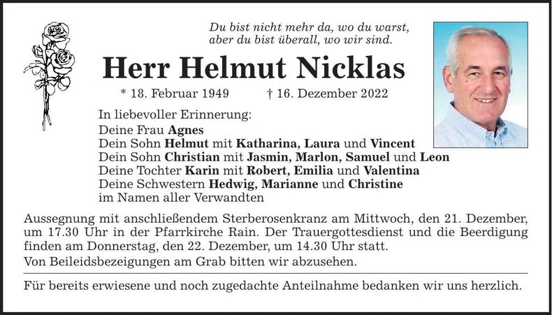 Traueranzeige Helmut Nicklas
