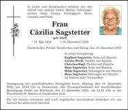 Traueranzeige Cäzilia Sagstetter