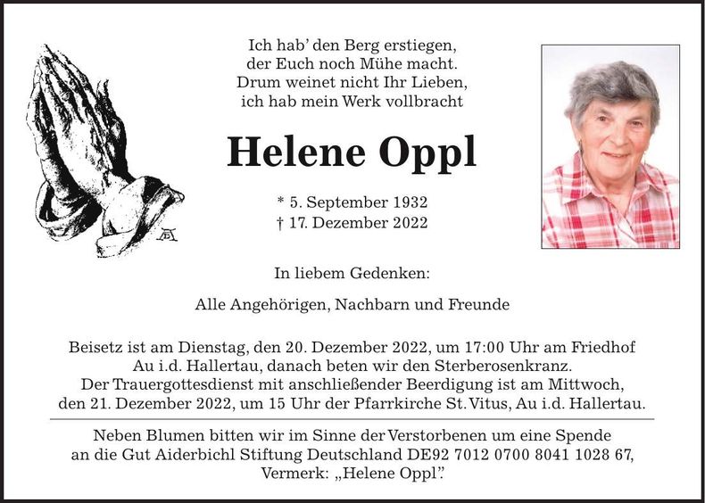 Traueranzeige Oppl Helene