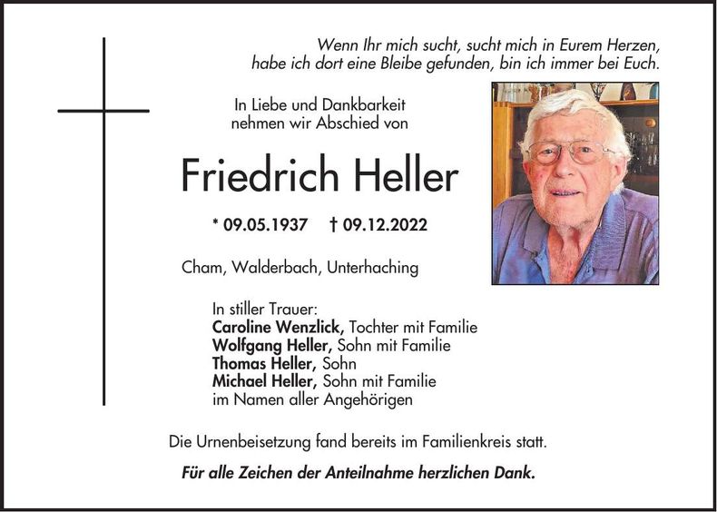 Traueranzeige Heller Friedrich
