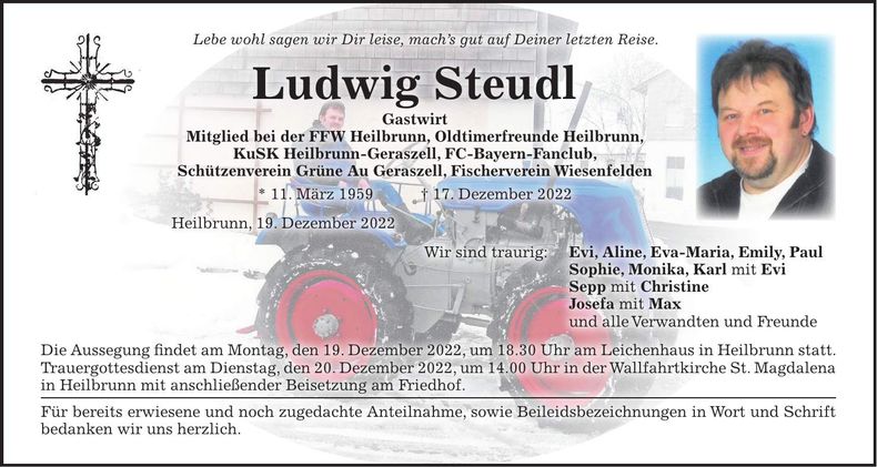 Traueranzeige Ludwig Steudl