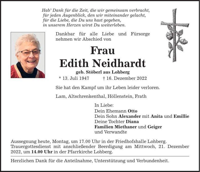 Traueranzeige Edith Neidhardt