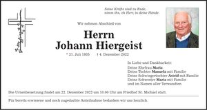 Traueranzeige Johann Hiergeist