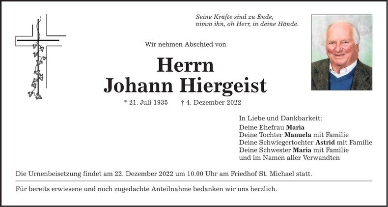 Traueranzeige Johann Hiergeist