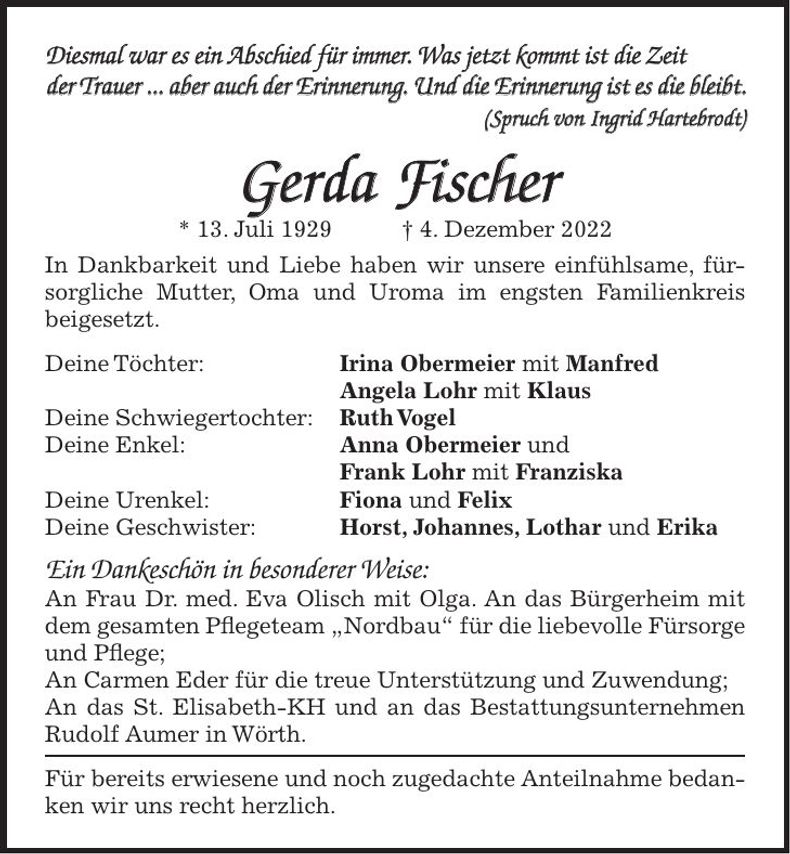 Traueranzeige Gerda Fischer