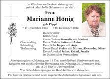 Traueranzeige Marianne Hönig