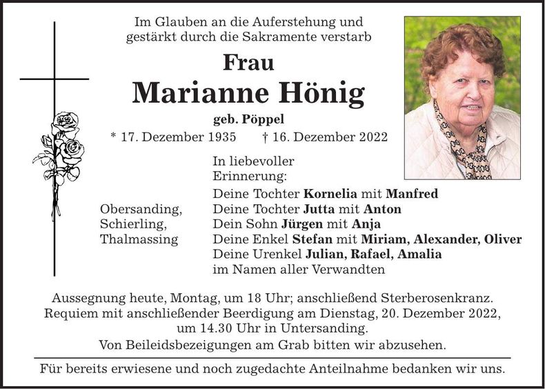 Traueranzeige Marianne Hönig