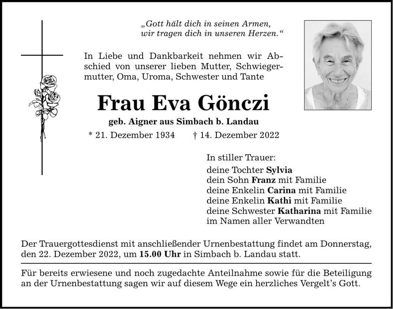 Traueranzeige Eva Gönczi