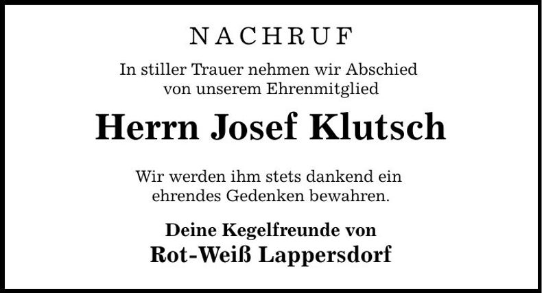Traueranzeige Josef Klutsch