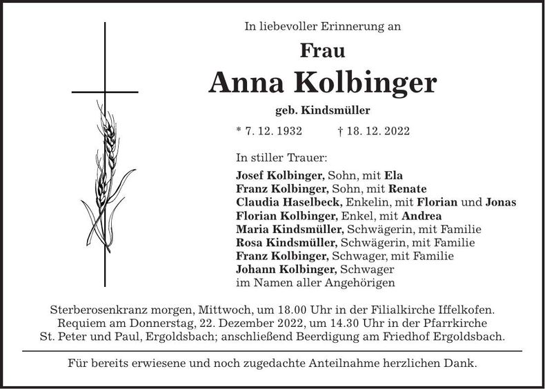 Traueranzeige Anna Kolbinger