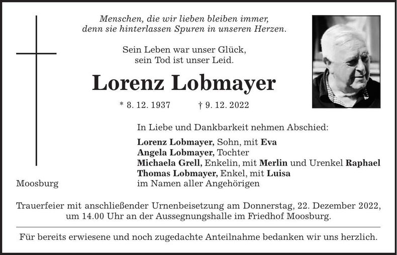 Traueranzeige Lorenz Lobmayer