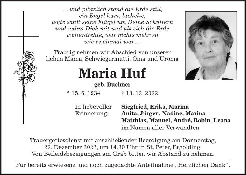 Traueranzeige Maria Huf