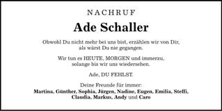 Traueranzeige Ade Schaller