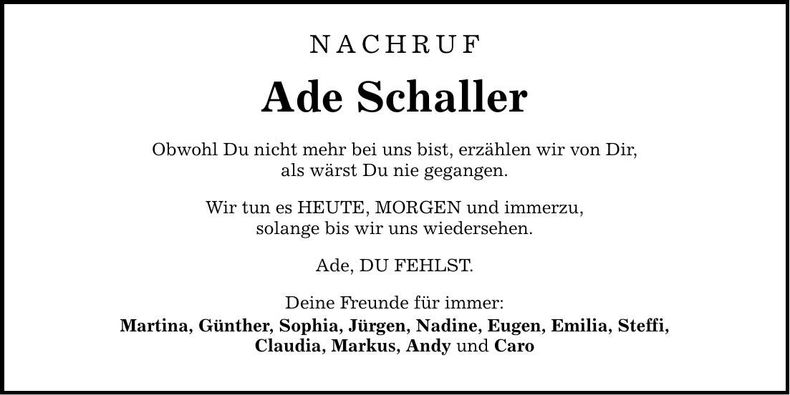 Traueranzeige Ade Schaller