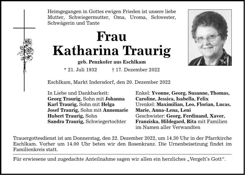 Traueranzeige Katharina Traurig