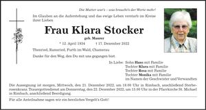 Traueranzeige Klara Stocker