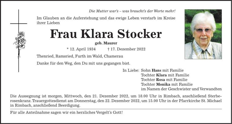 Traueranzeige Klara Stocker